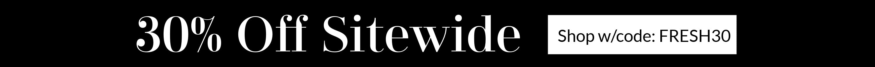 Promotional text overlay with '30% Off Sitewide' and a discount code on a black background