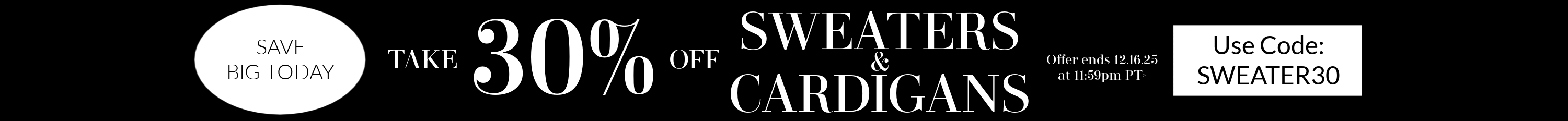 Promotional text overlay for taking 30% off sweaters and cardigans with a discount code.