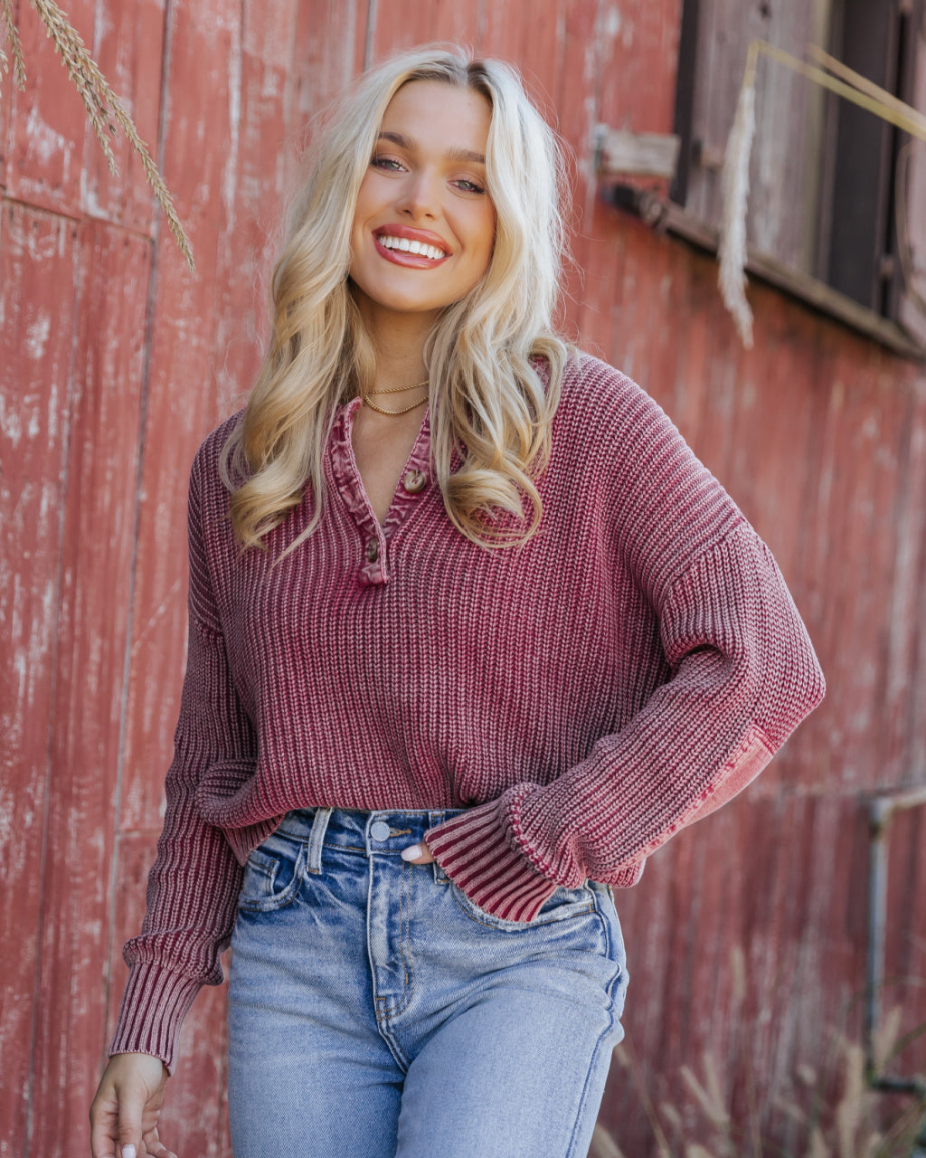 Burgundy Washed Henley Sweater
