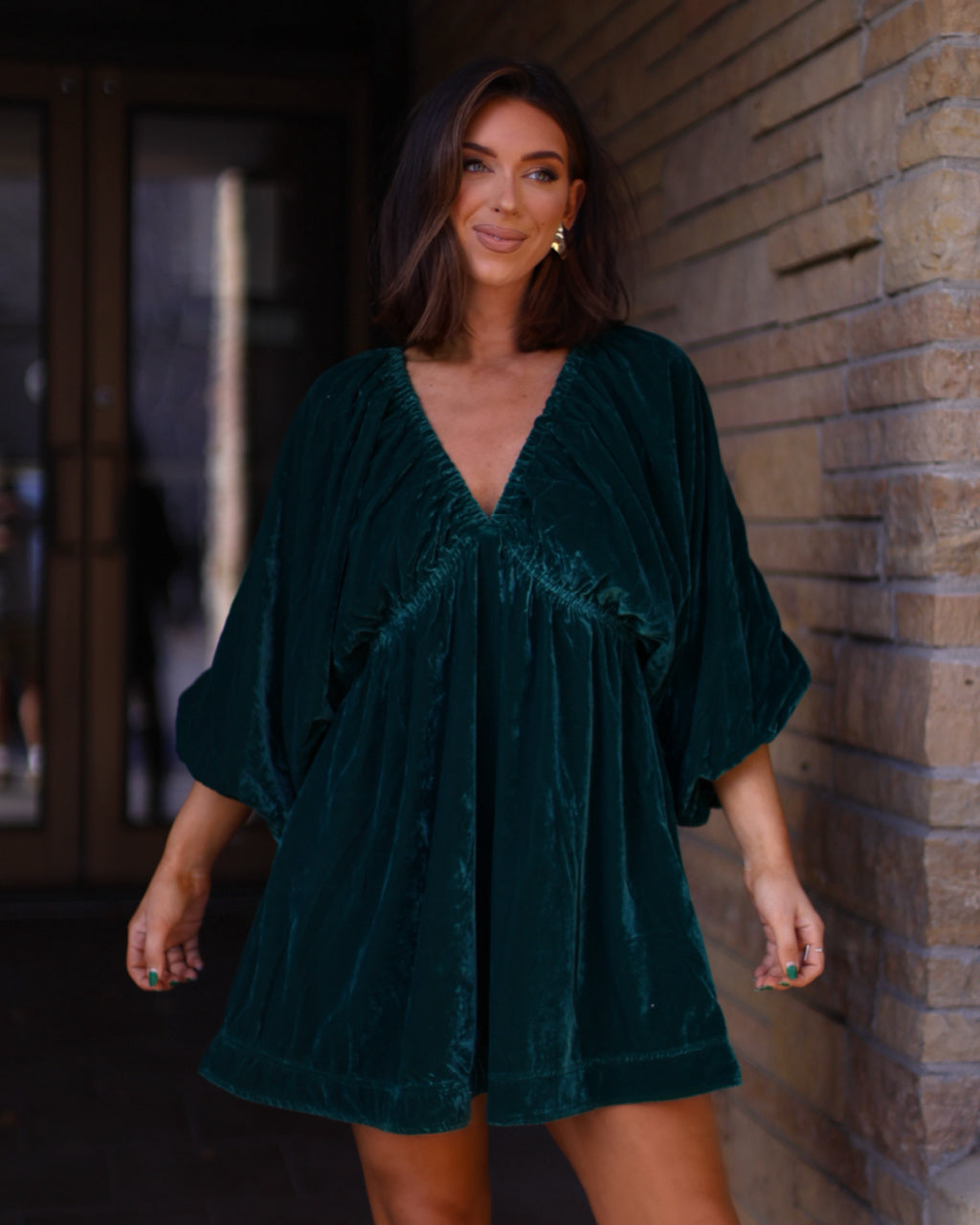 Emerald Green Velvet Mini Dress 