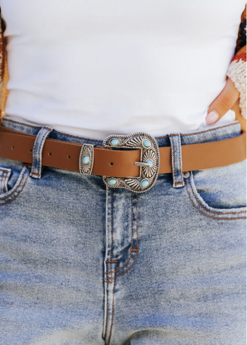 Brown Faux Leather Stud Buckle Belt
