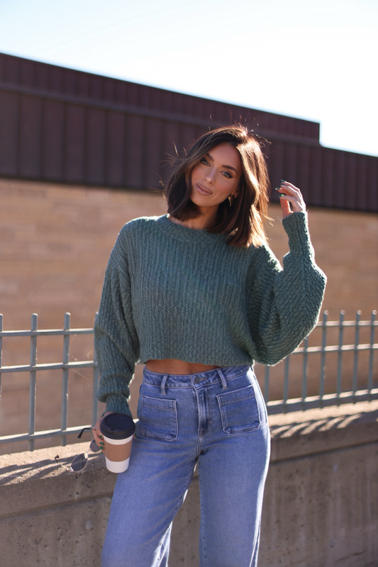 Green Popcorn Knit Cropped Sweater