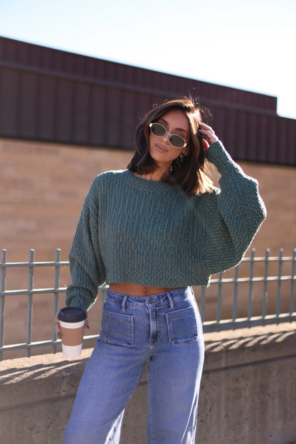 Green Popcorn Knit Cropped Sweater