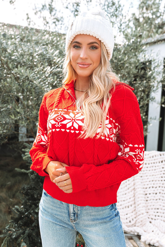 Red Snowflake Print Zip Up Sweater