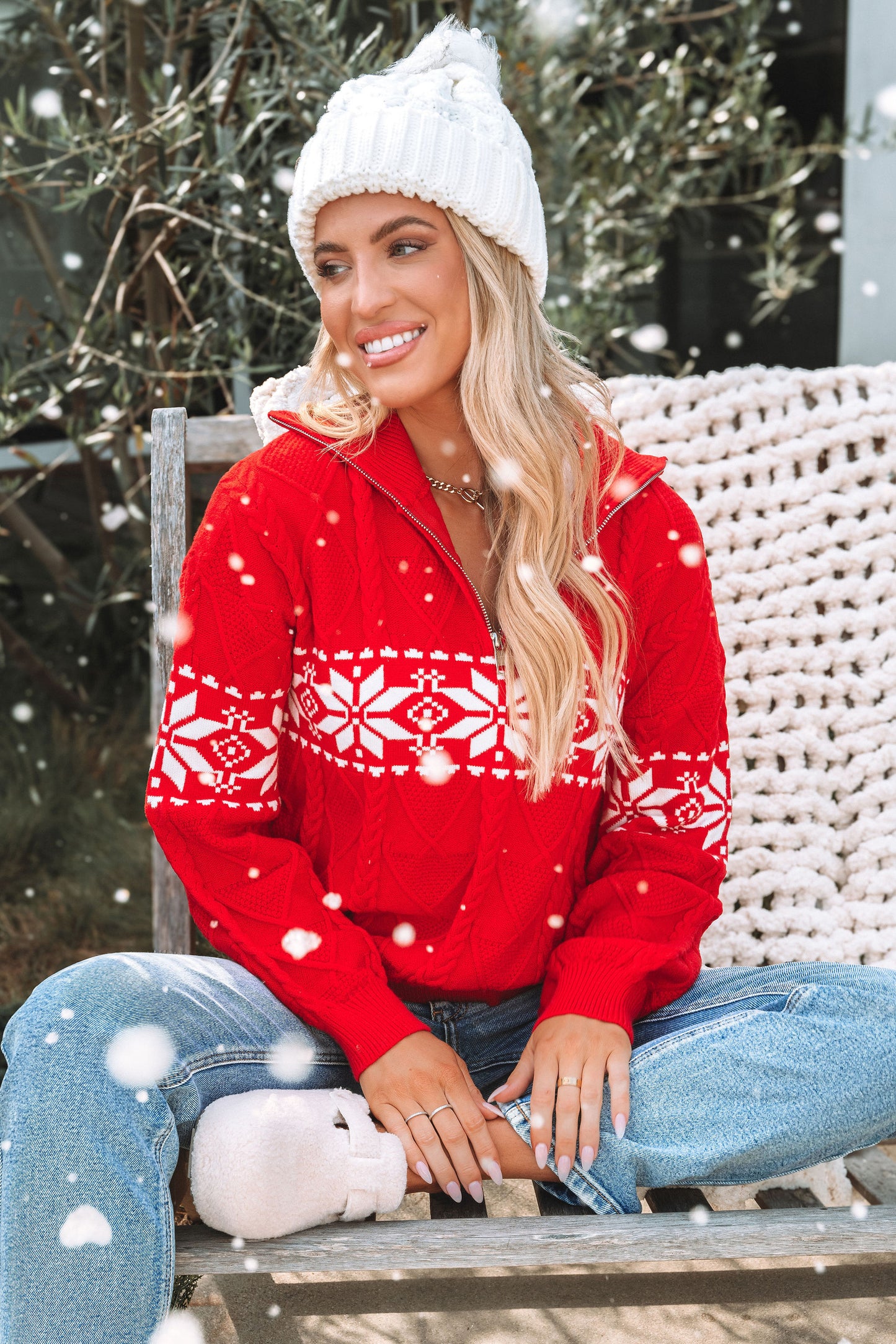 Red Snowflake Print Zip Up Sweater