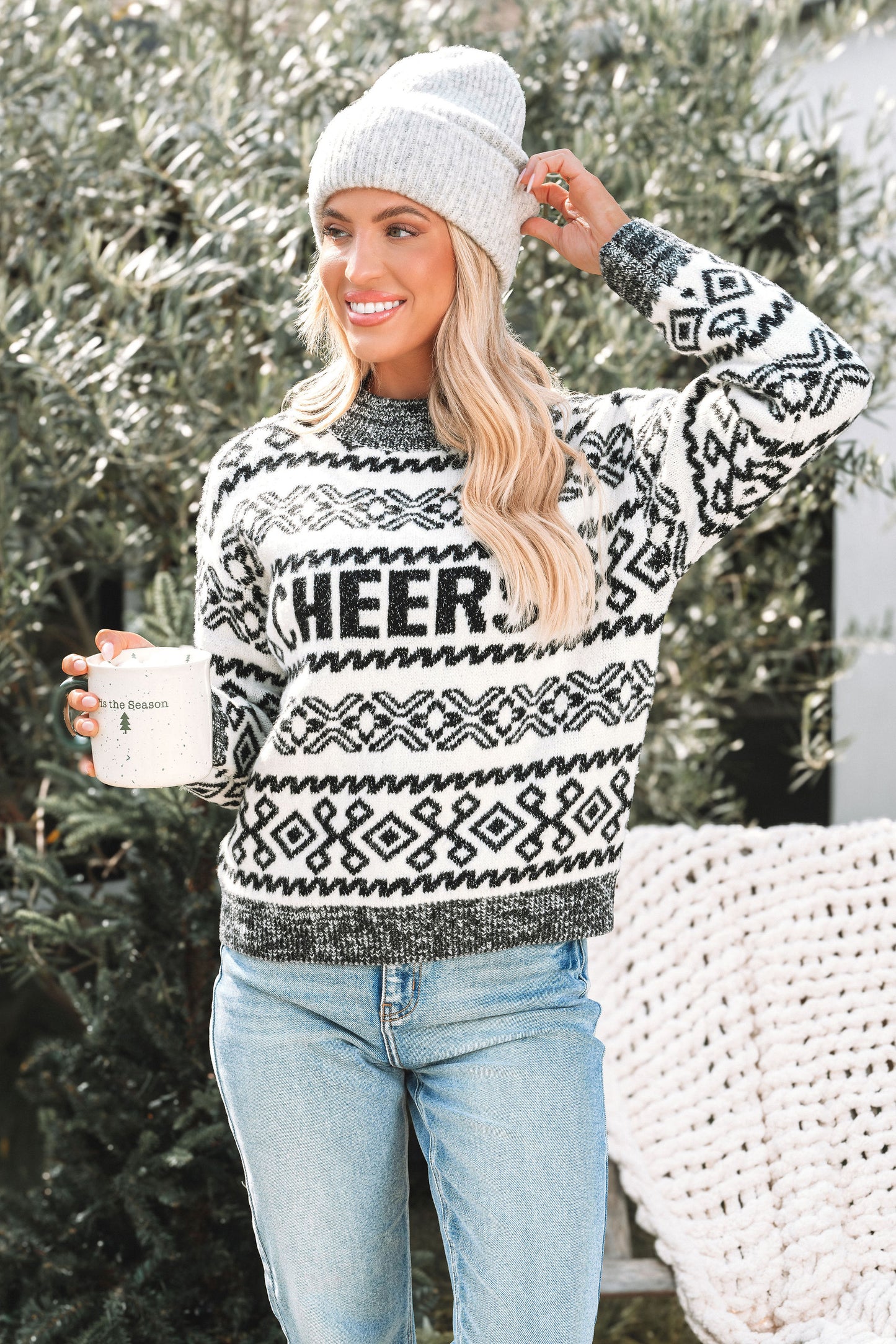 Ivory and Grey Aztec Print Cheers Sweater | Pre Order