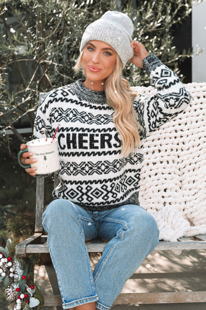 Ivory and Grey Aztec Print Cheers Sweater | Pre Order