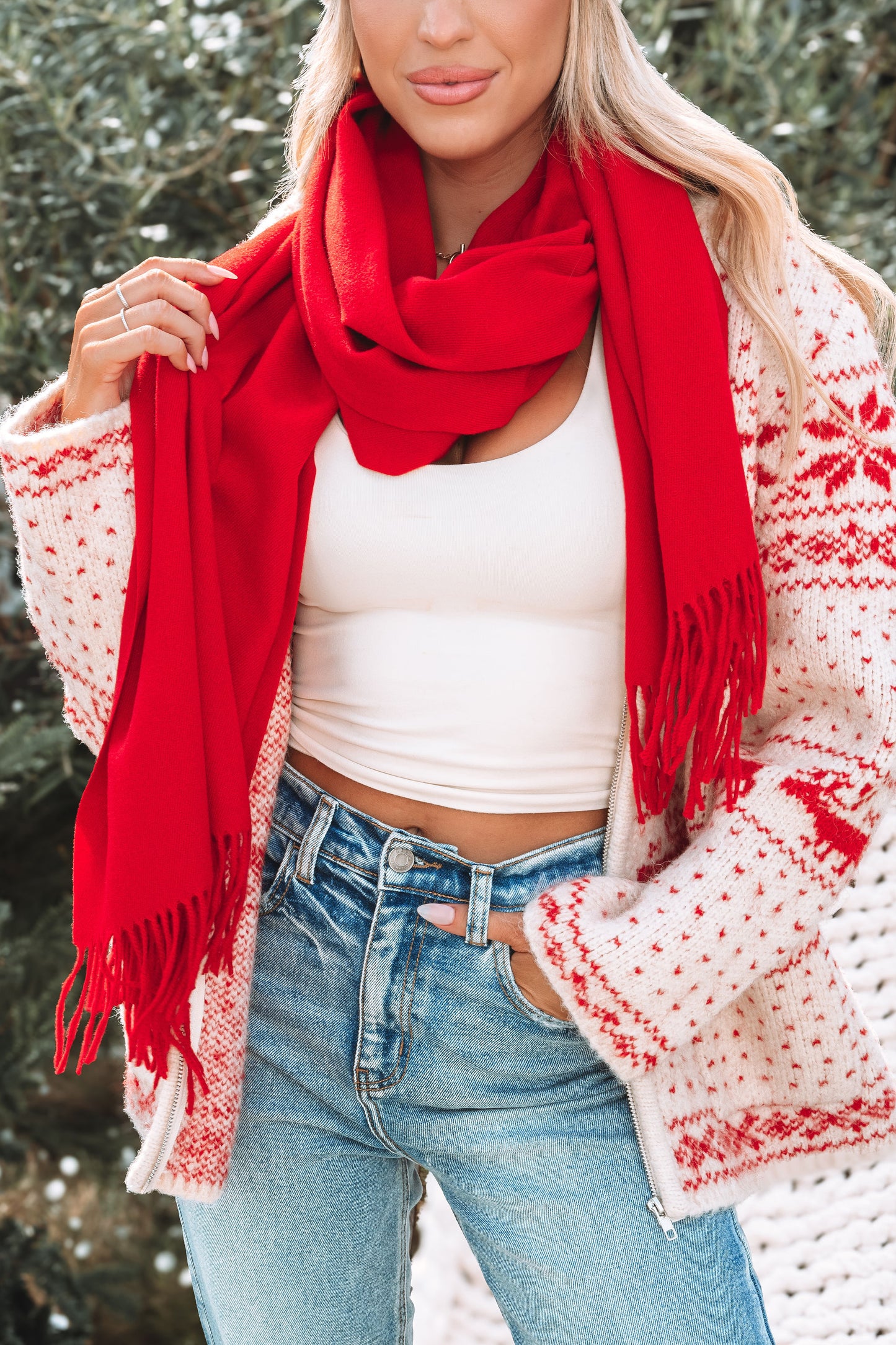 Red Fringe Oblong Scarf