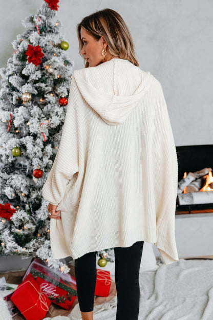 Cream Ribbed Long Hooded Cardigan