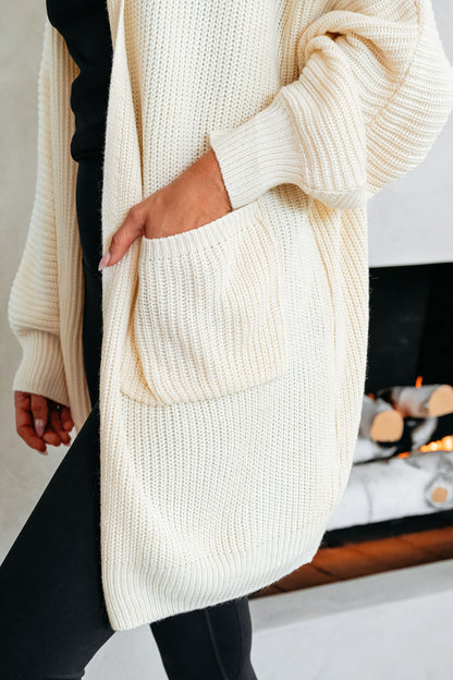 Cream Ribbed Long Hooded Cardigan