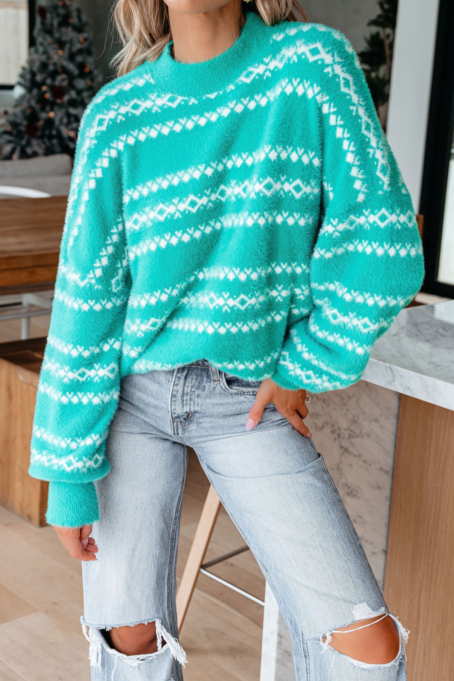 Green Fuzzy Soft Print Sweater