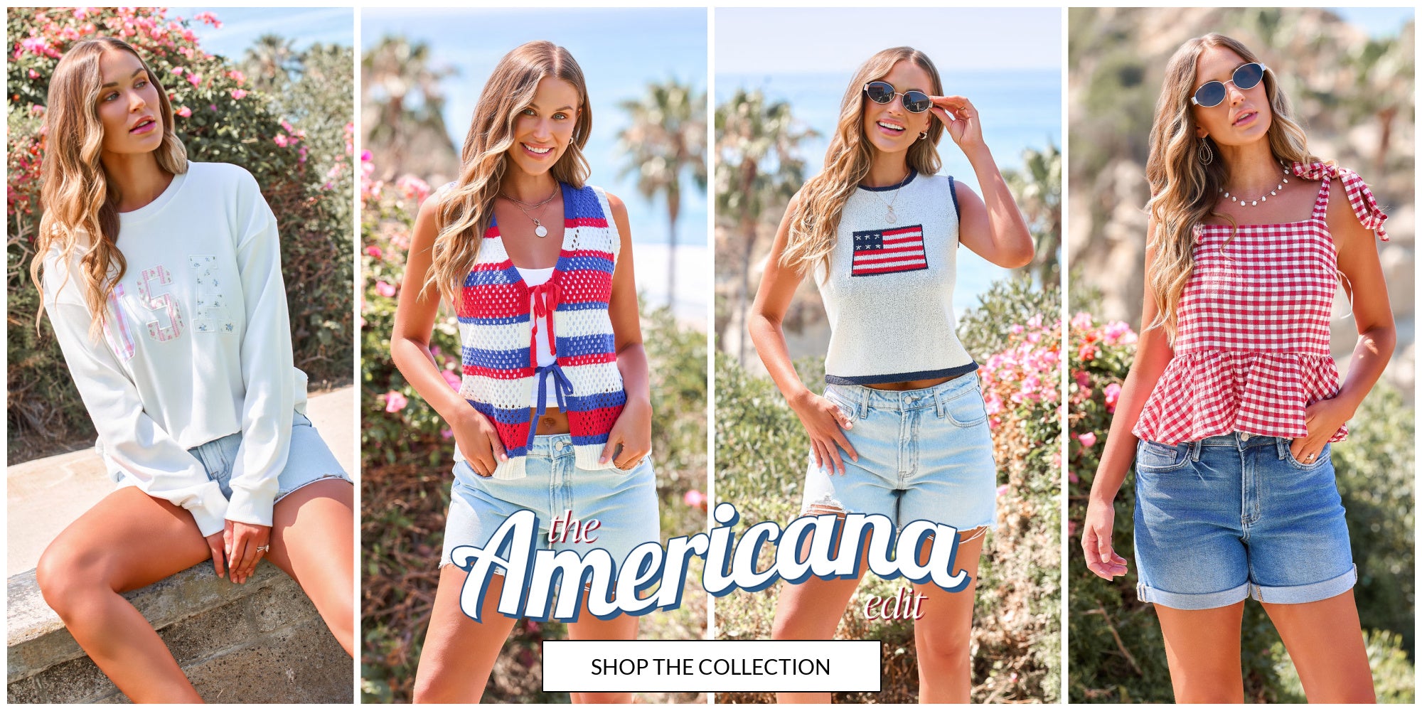 Four women wearing American-themed clothing with 'The Americana' collection text.