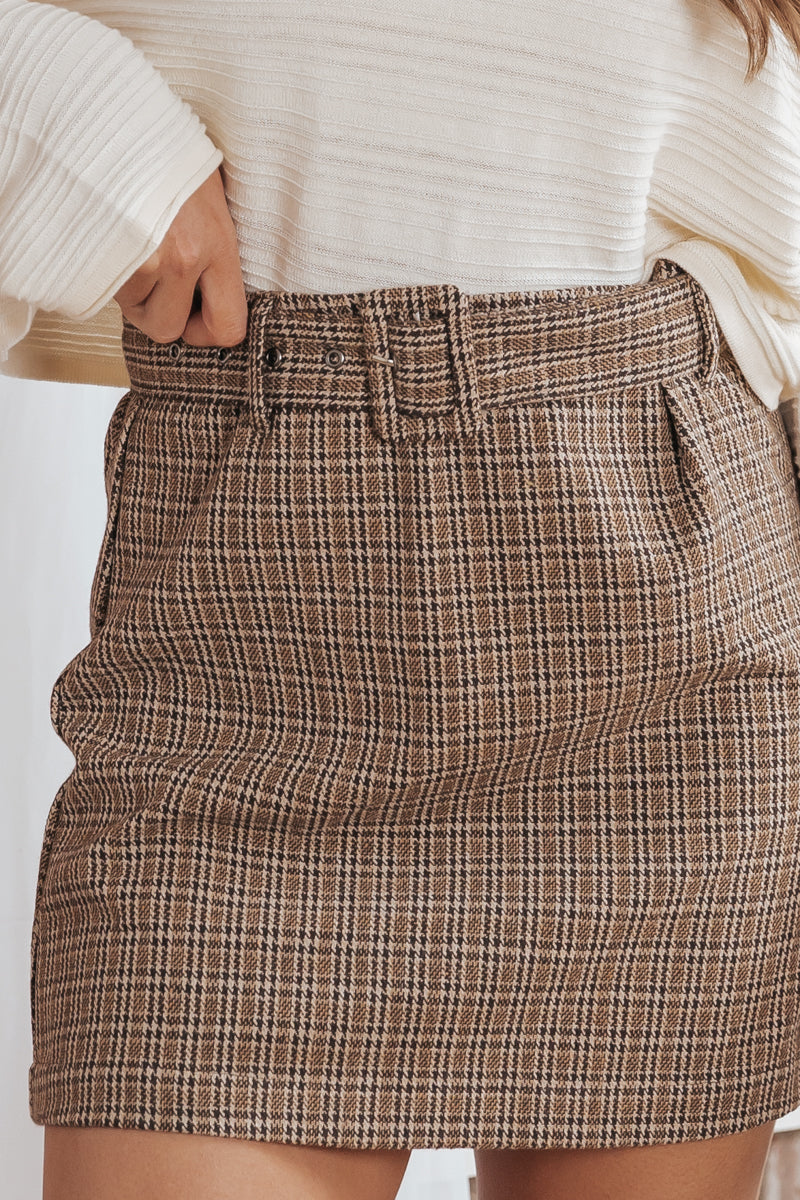 Brown Plaid Belted Mini Skirt - FINAL SALE