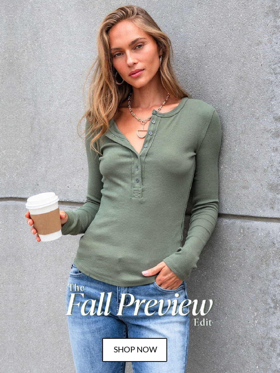 Fall Preview Edit Home Page Hero Image. Model is wearing the Free People Jamie Henley Top in Olive with jeans and accessories.