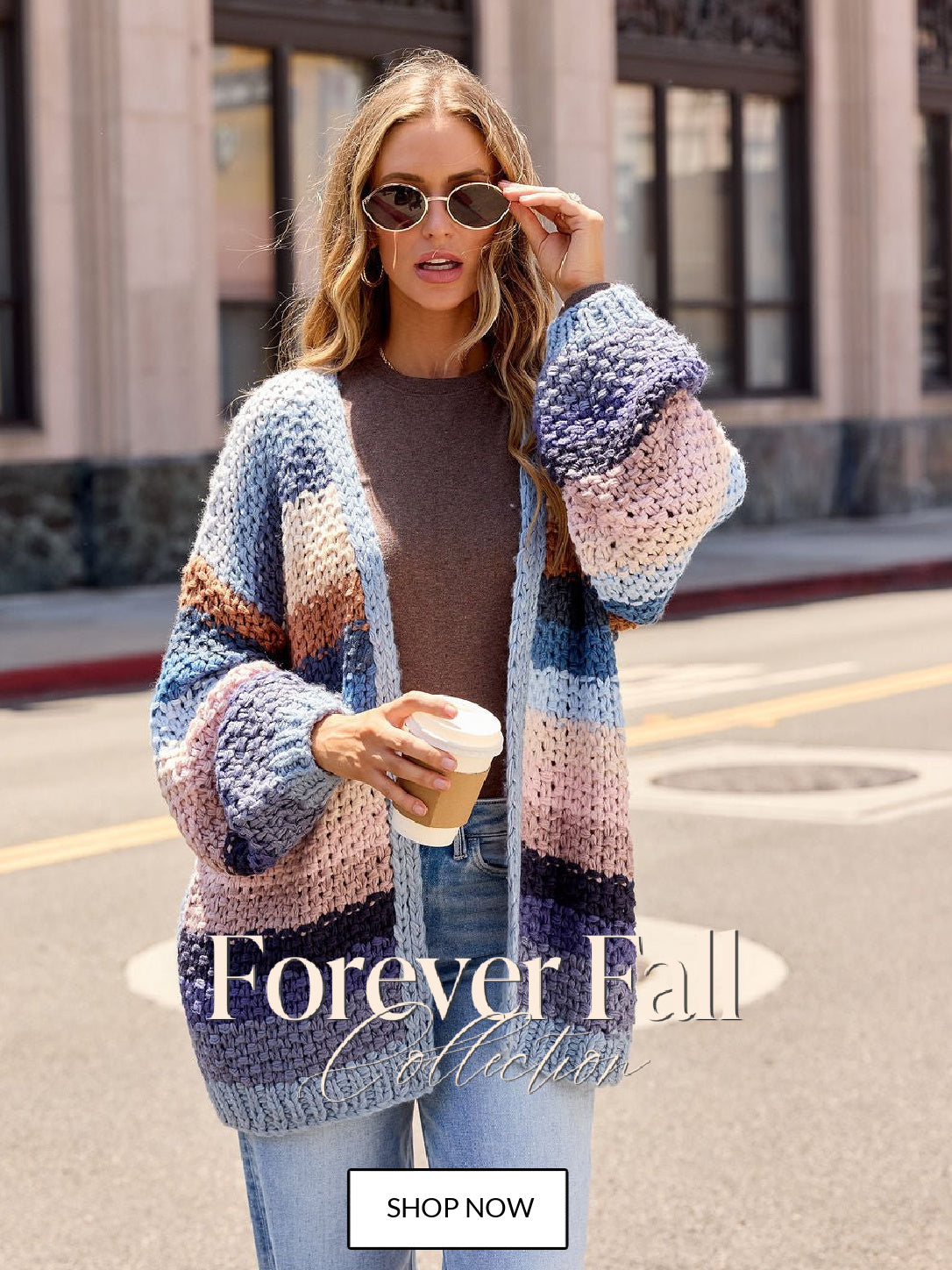 Forever Fall Collection Home Page featuring our Multi Blue Stripe Crochet Cardigan.