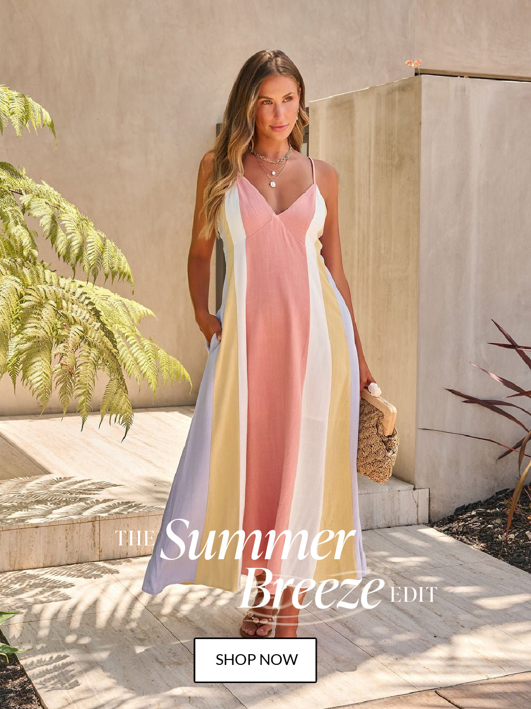 Woman wearing a colorful striped dress with 'Summer Breeze Edit' text and 'Shop Now' button.