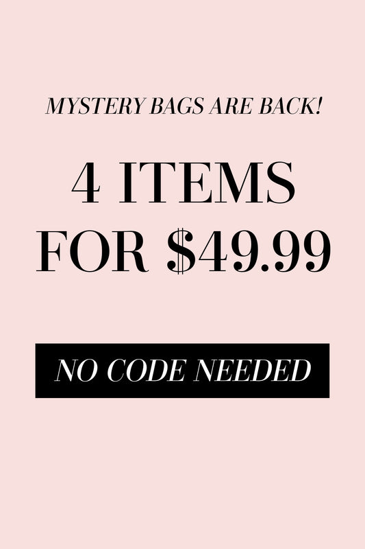 Text on a pink background reads: Mystery Bag - FINAL SALE is back! Get 4 women’s fashion deals for $49.99. No code needed.