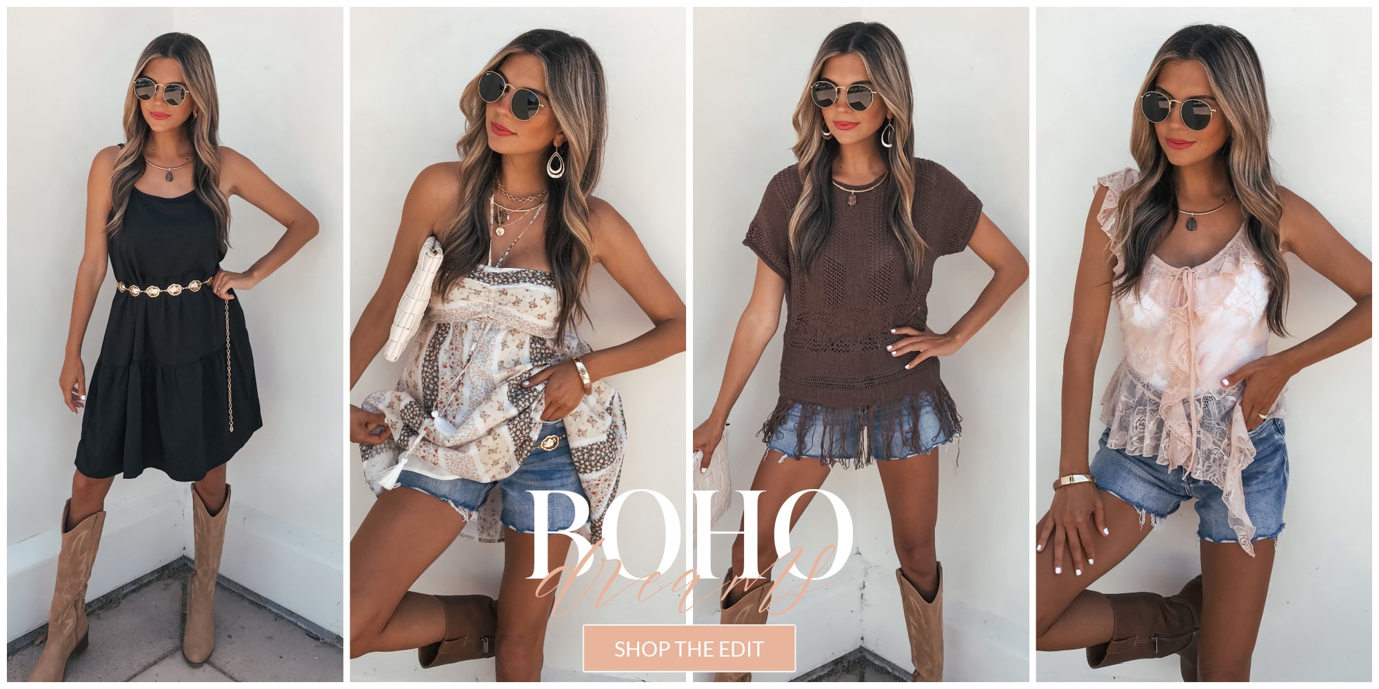 Four women in boho outfits with 'BOHO' text overlay.