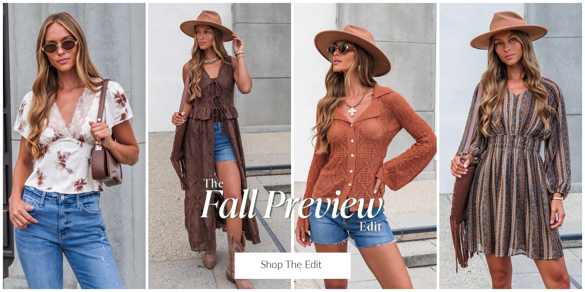 A four-panel fashion collage showing women modeling fall outfits against a gray wall. The outfits include a white floral top with blue jeans, a brown longline cardigan over denim shorts, a rust-orange button-front cardigan over denim shorts, and a brown-and-gray striped long dress.