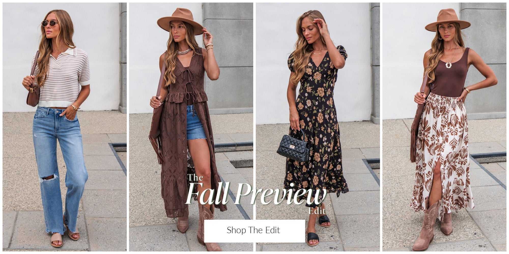 A four-panel fashion collage showing a woman modeling different outfits on a city sidewalk. The outfits include a striped polo shirt with jeans, a brown sleeveless top with denim shorts and a wide-brim hat, a black floral midi dress, and a brown tank top with a brown-and-white patterned maxi skirt.