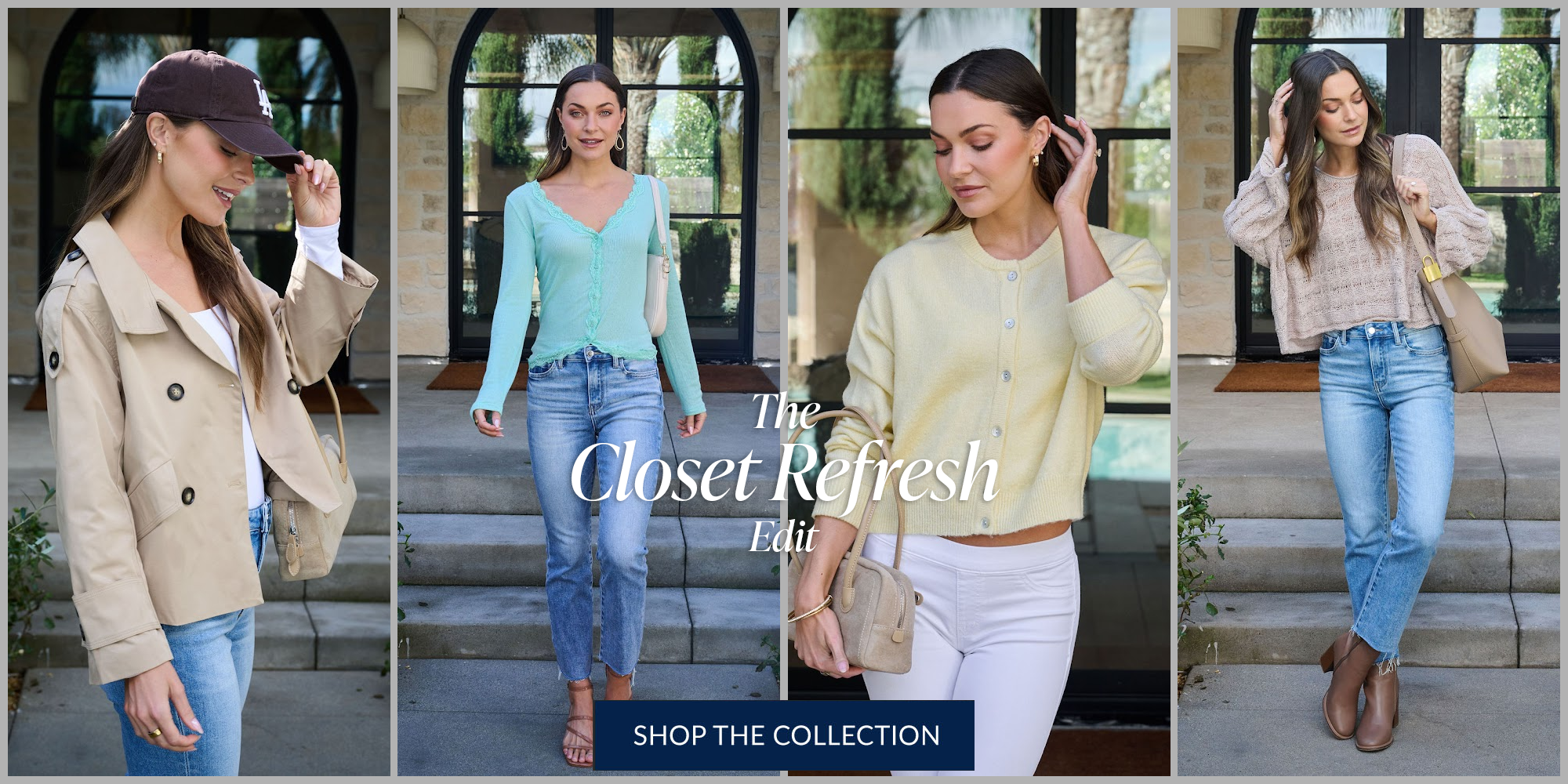 Collage of a woman in various outfits with text overlay 'The Closet Refresh Edit' and 'Shop the Collection'.