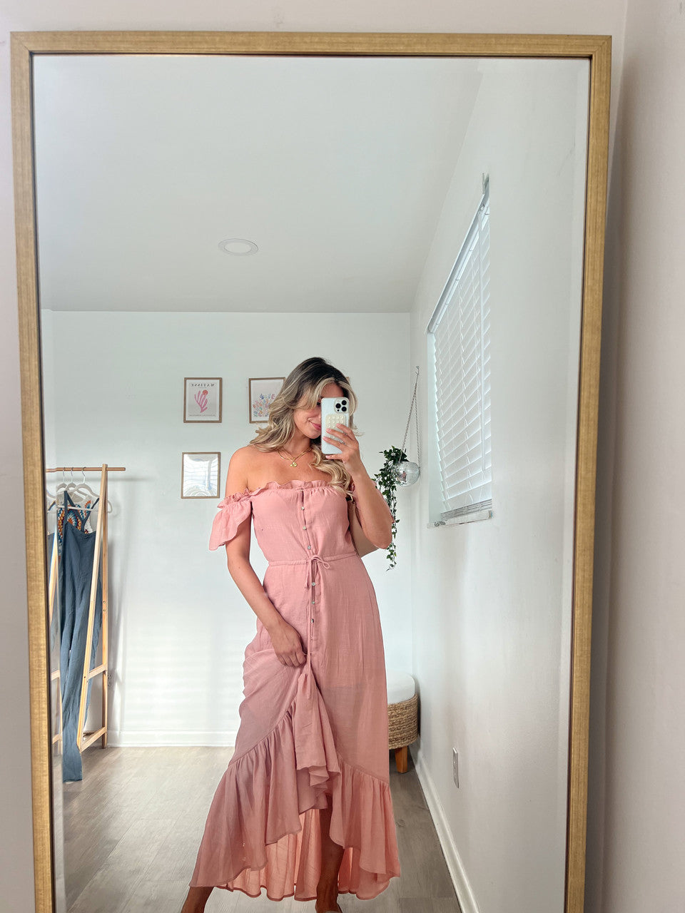 Off the Shoulder Button Down High Low Maxi - Blush
