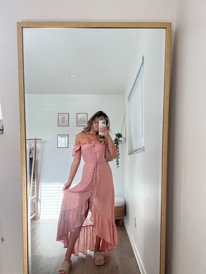 Off the Shoulder Button Down High Low Maxi - Blush