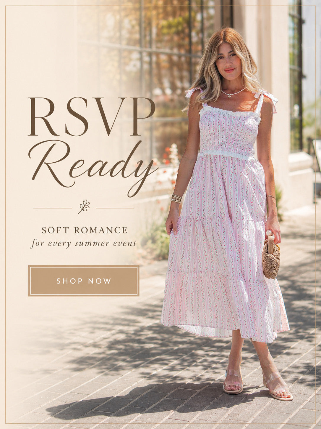 Woman in a white dress standing on a sidewalk with 'RSVP Ready' text overlay.
