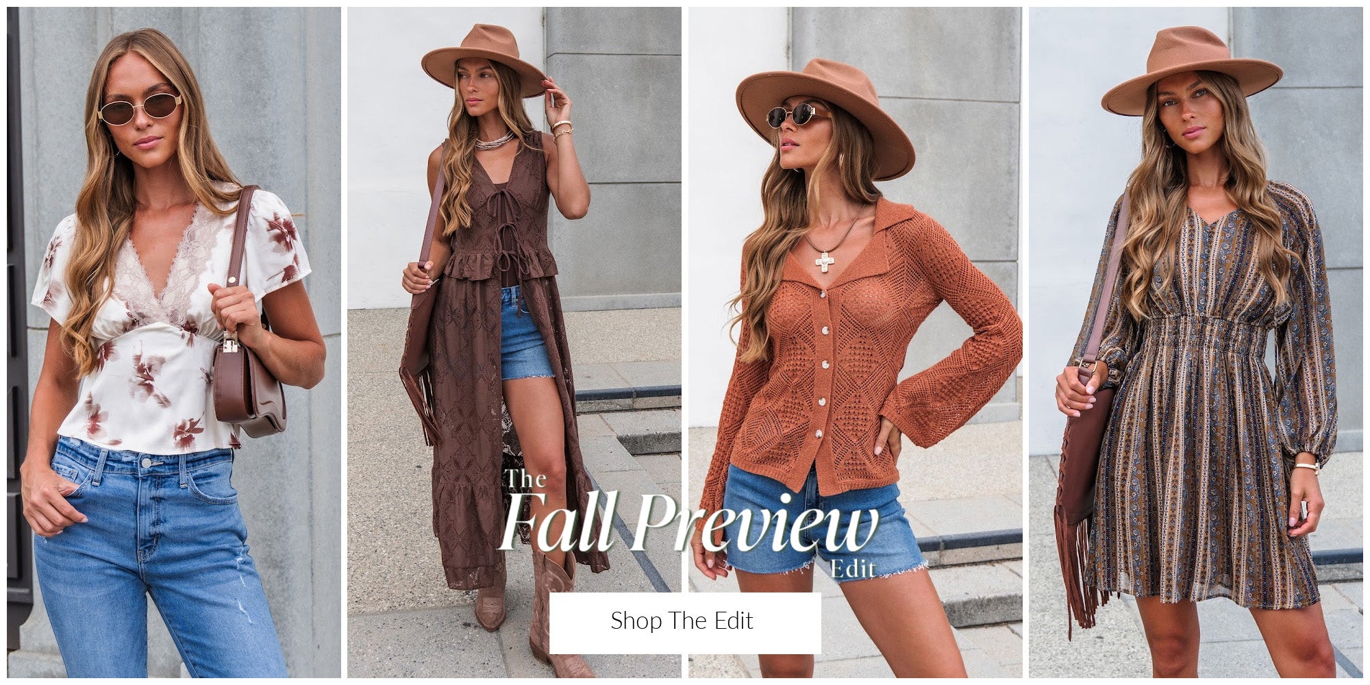 A four-panel collage showing a woman modeling different fall fashion outfits against a gray concrete wall. The outfits include a white floral top with blue jeans, a brown vest over denim shorts, a rust-colored button-up shirt with denim shorts, and a brown-and-beige striped long-sleeve dress.
