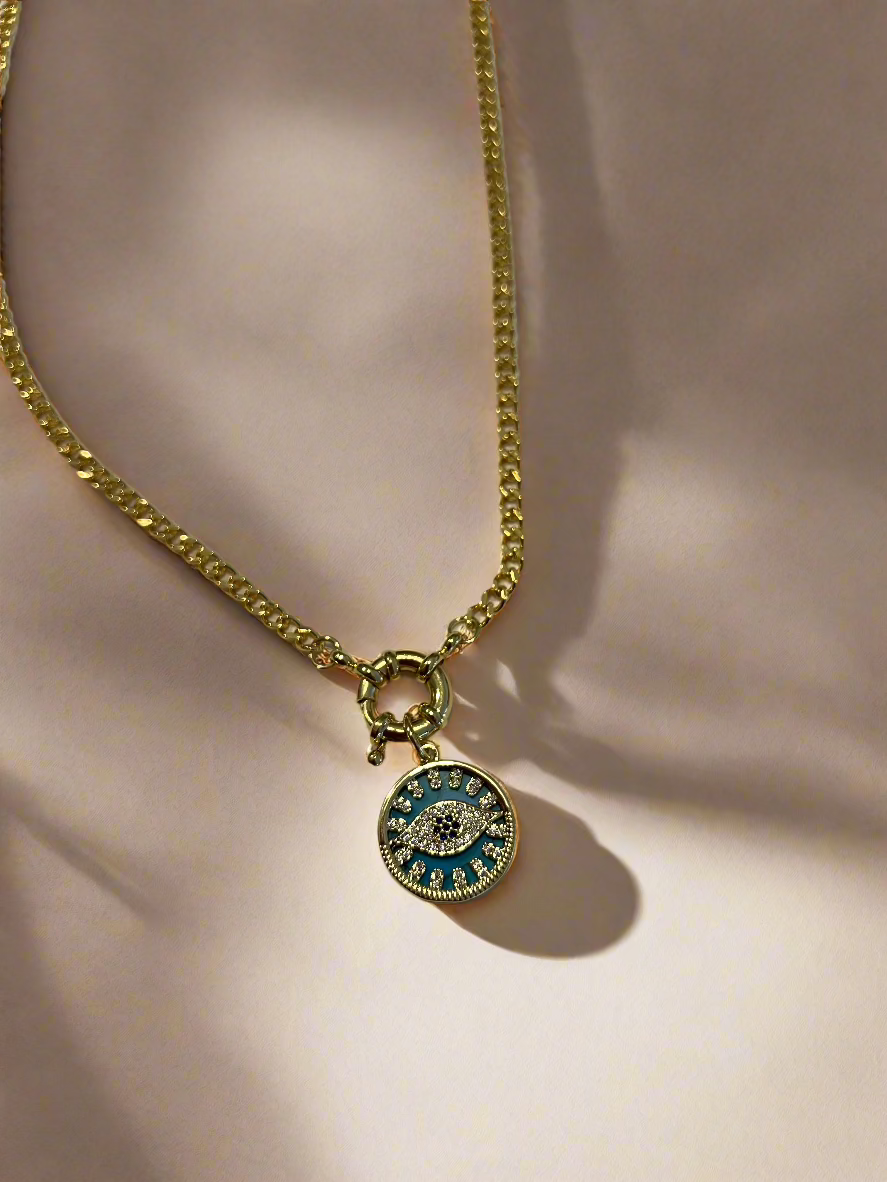 Gold & Teal Evil Eye Charm Toggle Necklace