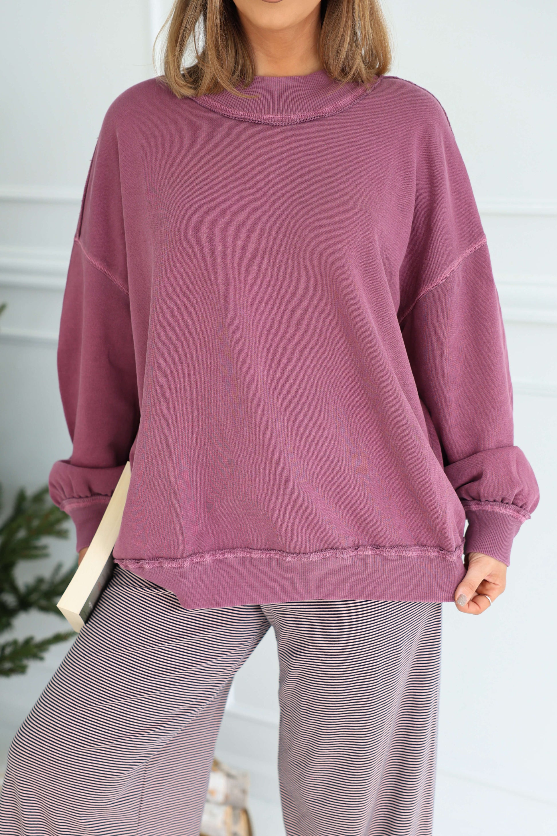 Woman in a Free People Iris Orchid Palm Springs Pullover and striped pants stands indoors holding a book, with a plant behind her.