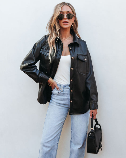 Black Button Down Leather Shacket