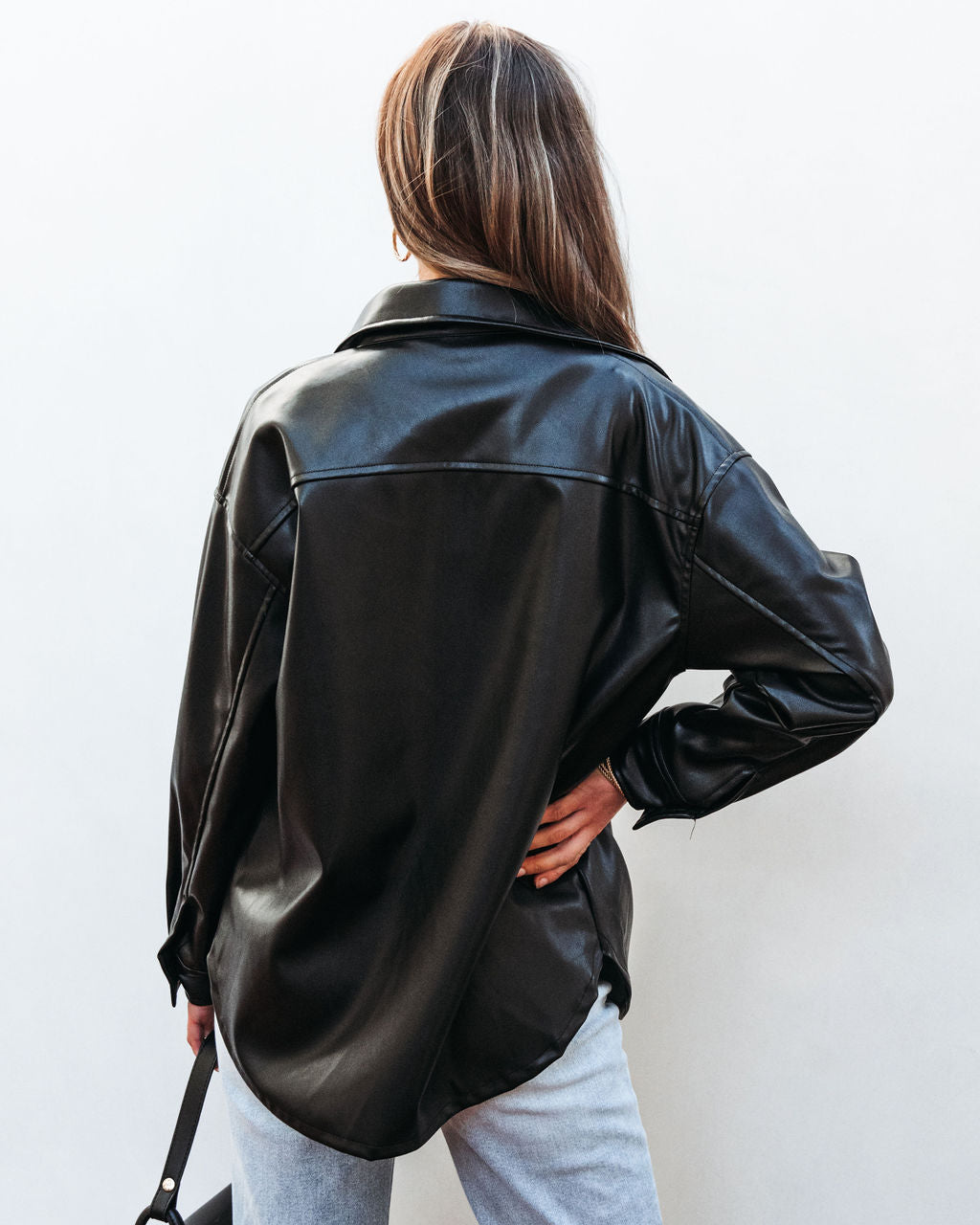 Black Button Down Leather Shacket