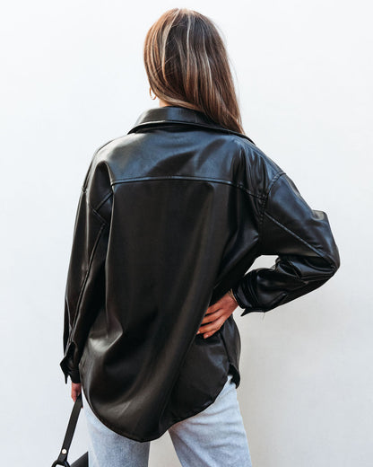 Black Button Down Leather Shacket - FINAL SALE