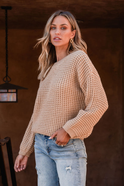 Camel Ribbed Waffle Knit Sweater