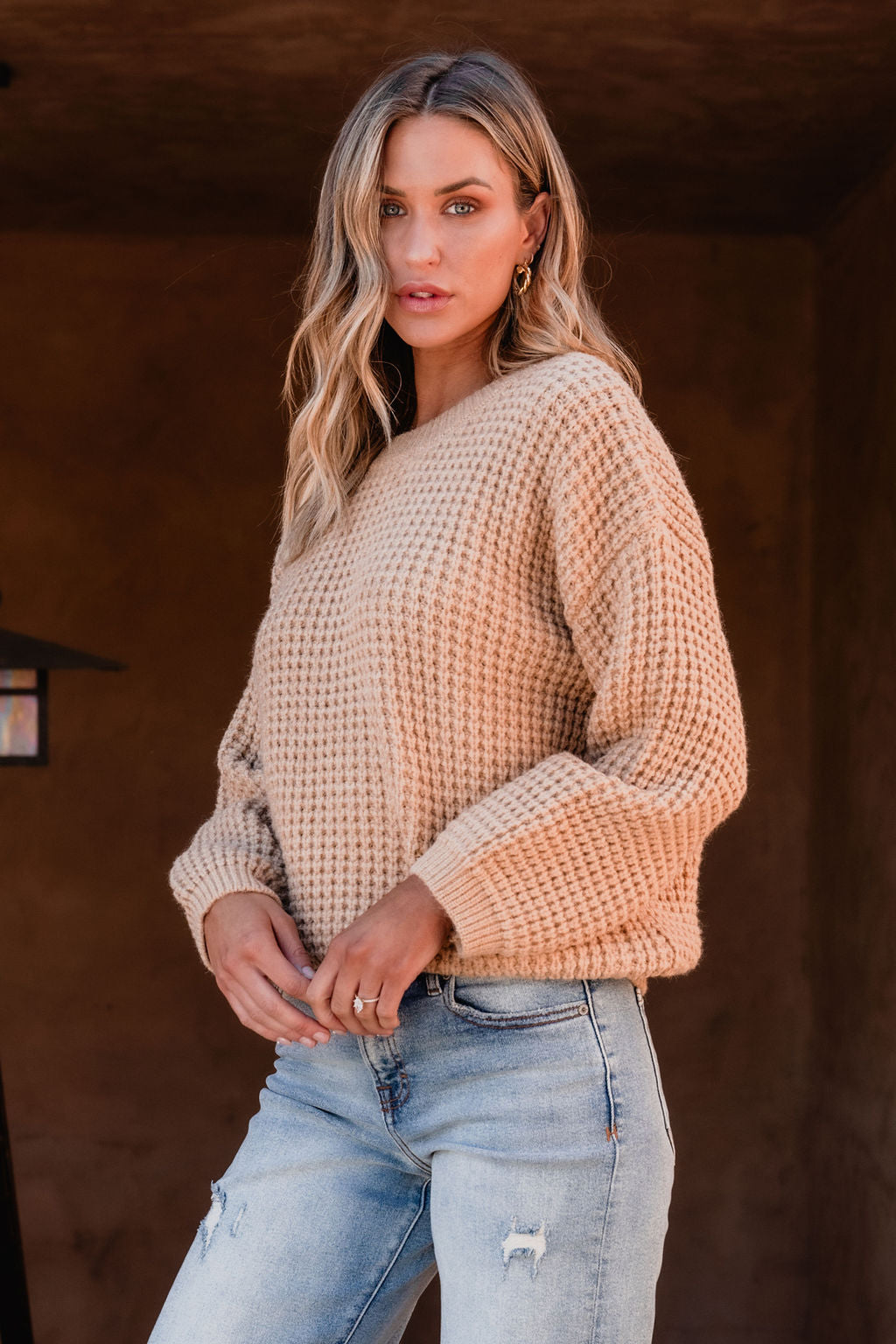 Camel Ribbed Waffle Knit Sweater