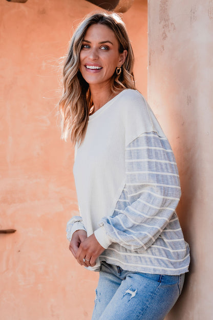 Grey and Cream Contrast Striped Sweater