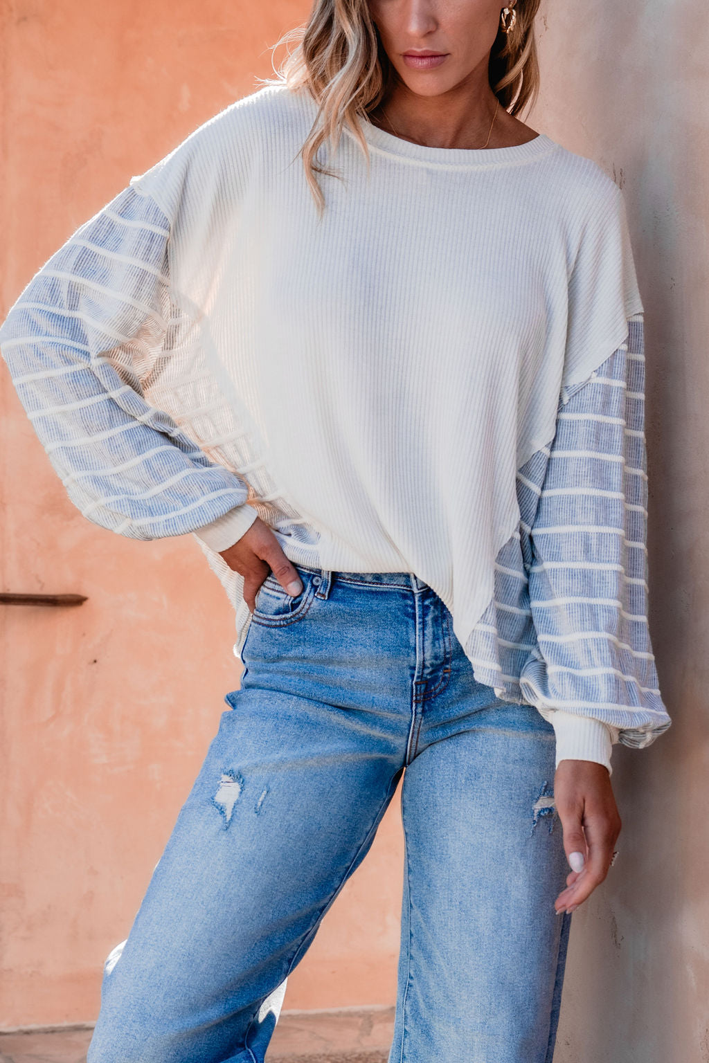 Grey and Cream Contrast Striped Sweater