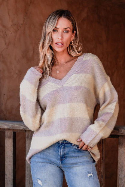 Lavender Striped V Neck Sweater