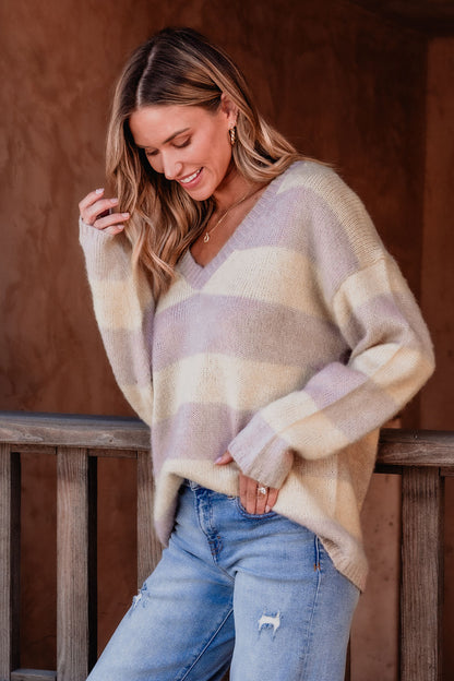 Lavender Striped V Neck Sweater