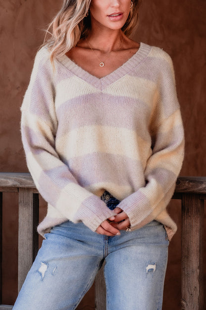 Lavender Striped V Neck Sweater