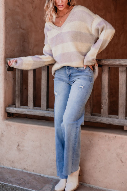 Lavender Striped V Neck Sweater