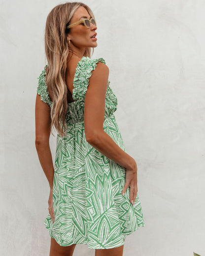 Green Leaf Print Pleated Mini Dress