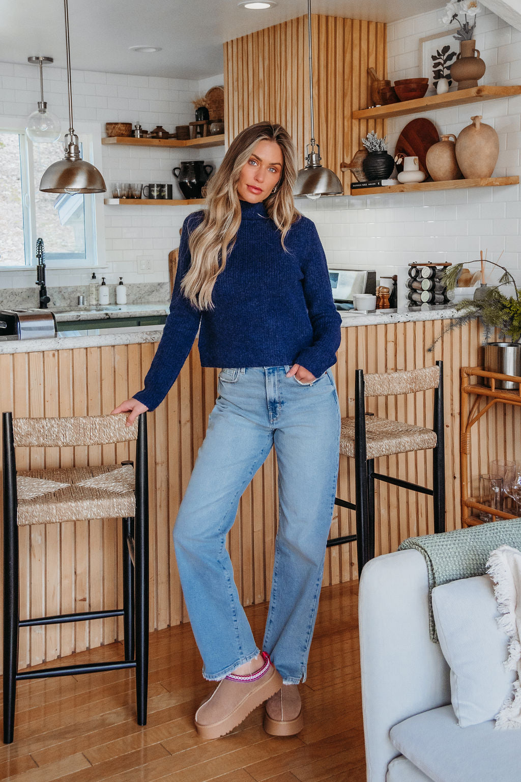 Navy Blue Mock Neck Ribbed Sweater