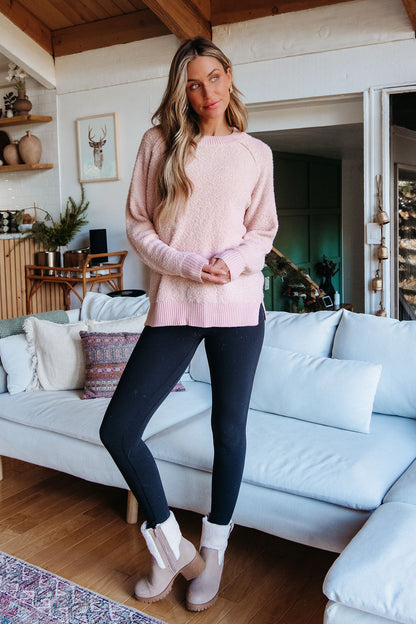 Fuzzy Pink Ribbed Pullover Sweater