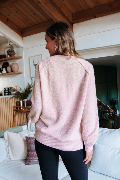 Fuzzy Pink Ribbed Pullover Sweater