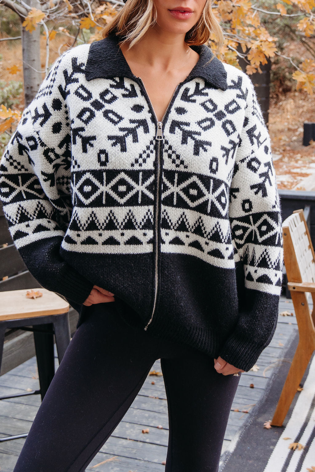 Black Aztec Print Zip Up Sweater Cardigan