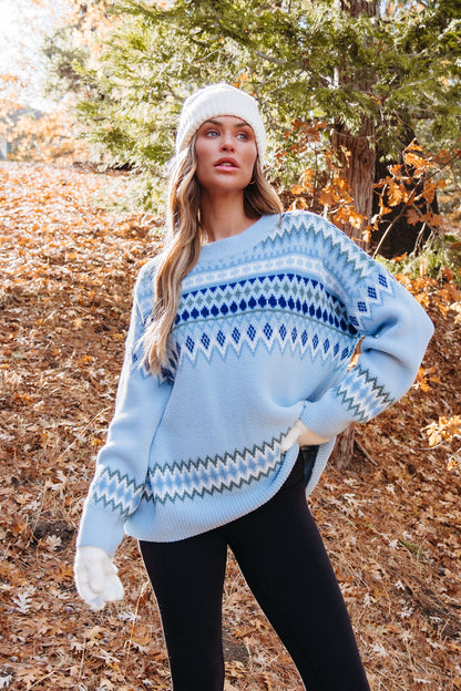 Blue Aztec Print Pullover Sweater