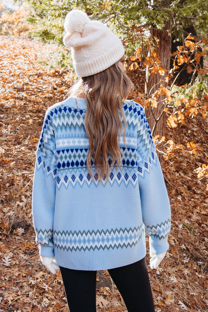 Blue Aztec Print Pullover Sweater