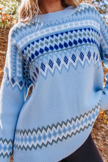 Blue Aztec Print Pullover Sweater